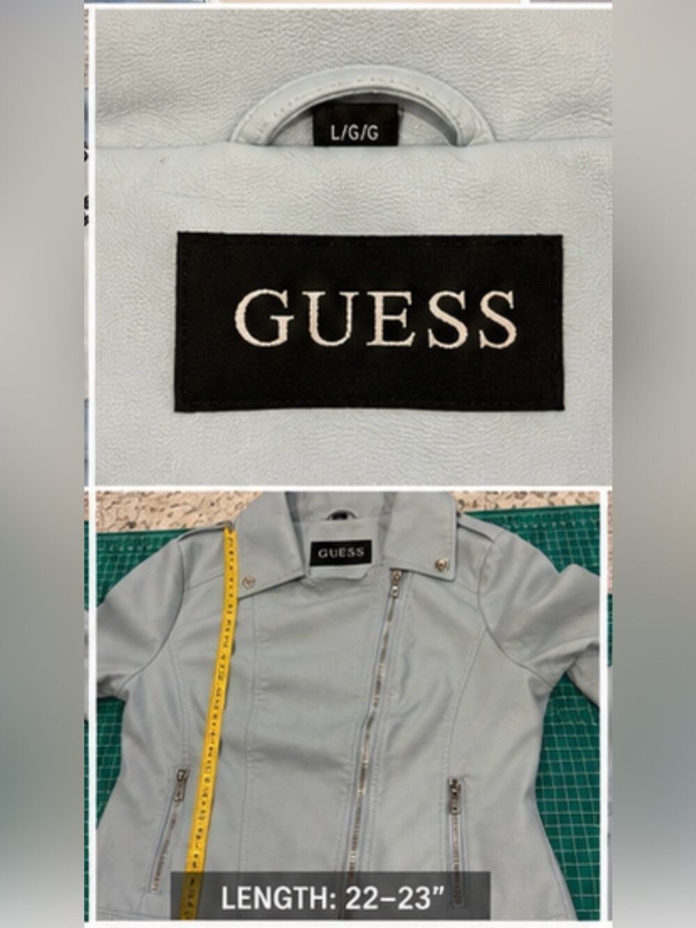 GUESS Light Blue Moto Jacket Faux Leather Biker Zip Large - Picture 3 of 8